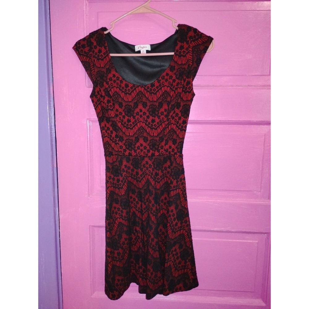Grunge Black & Red Lace Candie's Fit & Flare Skater Dress Y2K Witchy Goth XS